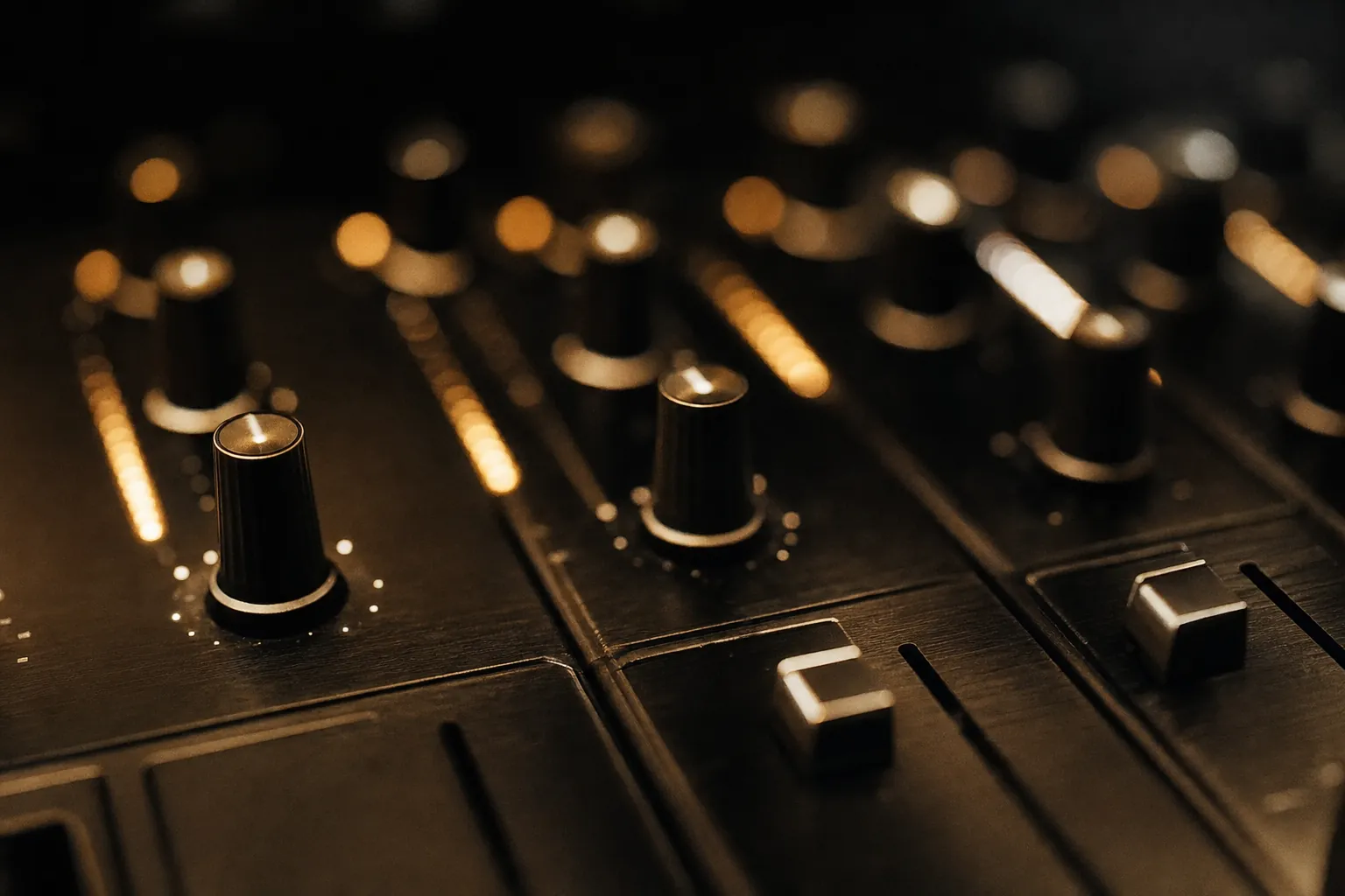 Dettaglio ravvicinato dei potenziometri di un mixer da DJ illuminati da luce calda