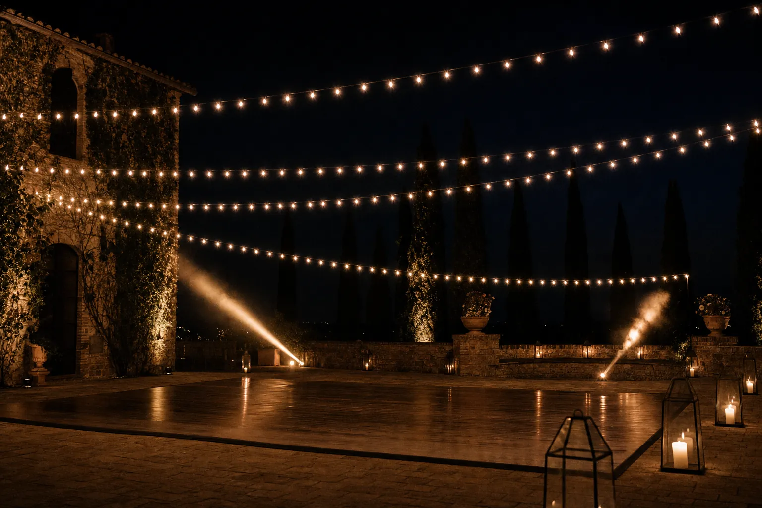Pista da ballo vuota in una villa toscana di notte, luci a festone tra i cipressi